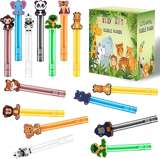 24PCS Animal Bubble Wands for Wild One Birthday Baby Shower Decorations Safari Jungle Theme Party Favors Supplies, Pinata Goodie Bags Filler, Classroom Prizes, Valentines Gifts, Easter Stuffers