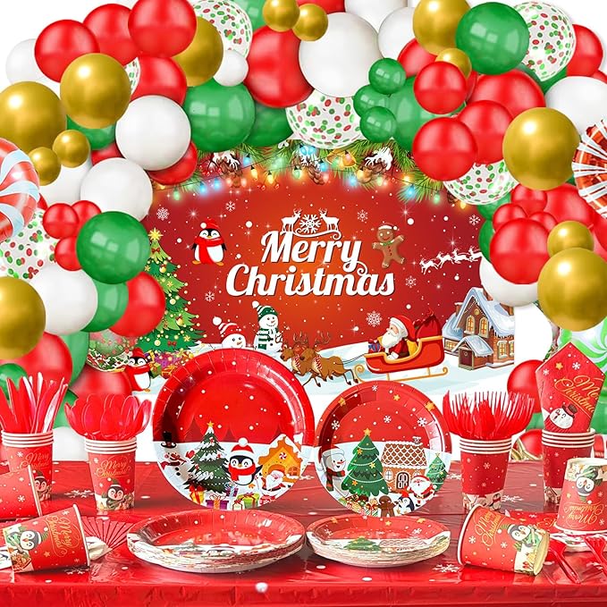 Christmas Party Decorations Dinnerware Set,225 PCS Xmas Party Decoration with Merry Christmas Plates and Napkins Cups Banner Tablecloth Balloons Backdrop for Holiday Party Supplies Serve 20