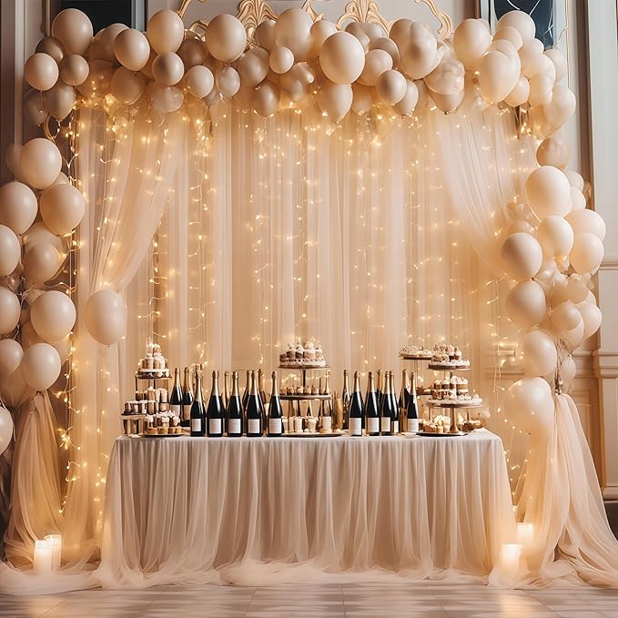 20×10ft Champagne Tulle Backdrop Curtain with Lights String for Parties, Sheer Curtain Backdrop Drapes for Wedding Party Photography Background