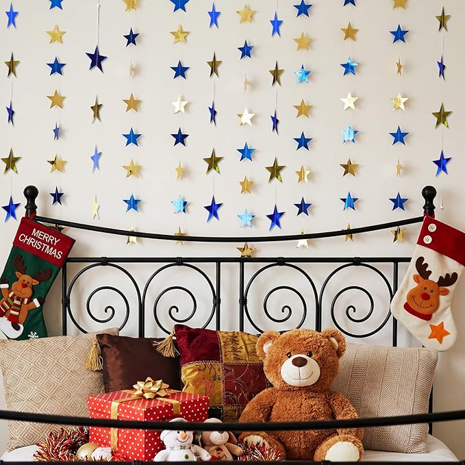 Spakon 65 Feet Glitter Star Shaped Paper Garland Banner Hanging Decoration Star Streamer Double Side 2026 Graduation Decorations for Wedding Birthday New Year Party Decoration (Gold and Blue)