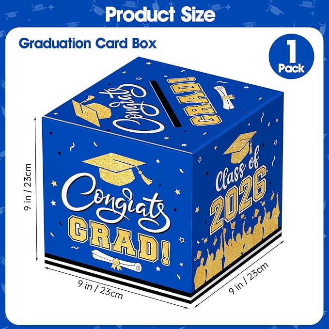 Graduation Card Box 2026 - Congrats Grad Card Boxes Holder, Blue and Gold Class of 2026 Graduation Gift Cards Box for Graduation Party Decorations 2026 Favors Decor Supplies Props,9x 9 x 9 inches