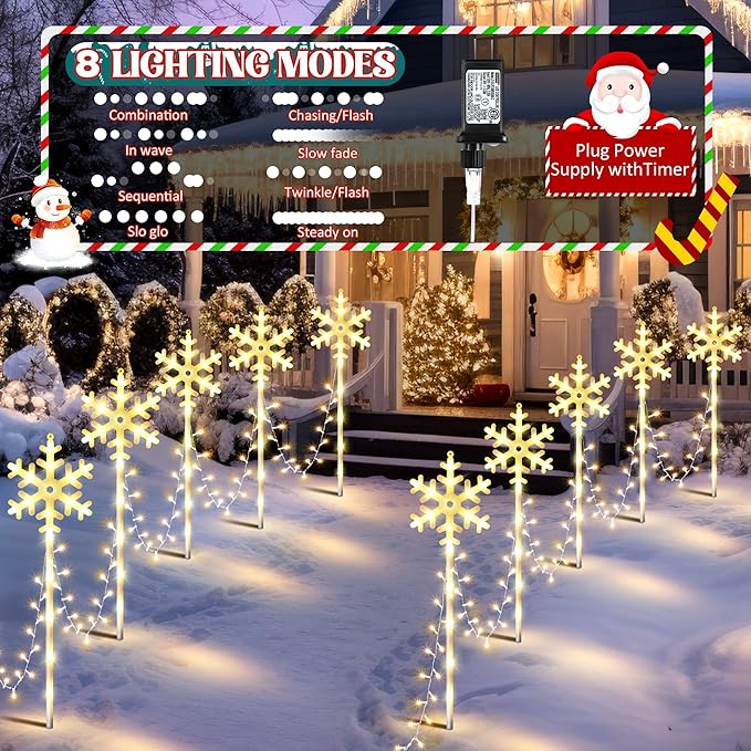 10 Pcs Christmas Snowflake Pathway Stake Lights for Outdoor Yard, 370 Bright LEDs Waterproof Large Christmas Snowflake Light Decoration for Garden Lawn Driveway Walkway Decor (Warm White)
