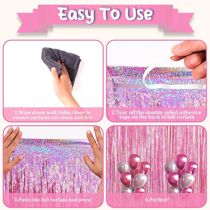 3.3 x 6.6 ft Foil Fringe Backdrop Curtains, Tinsel Streamers Party Decorations, Fringe Backdrop for Birthday, Baby Shower, Gender Reveal, Graduation (3, Pink)