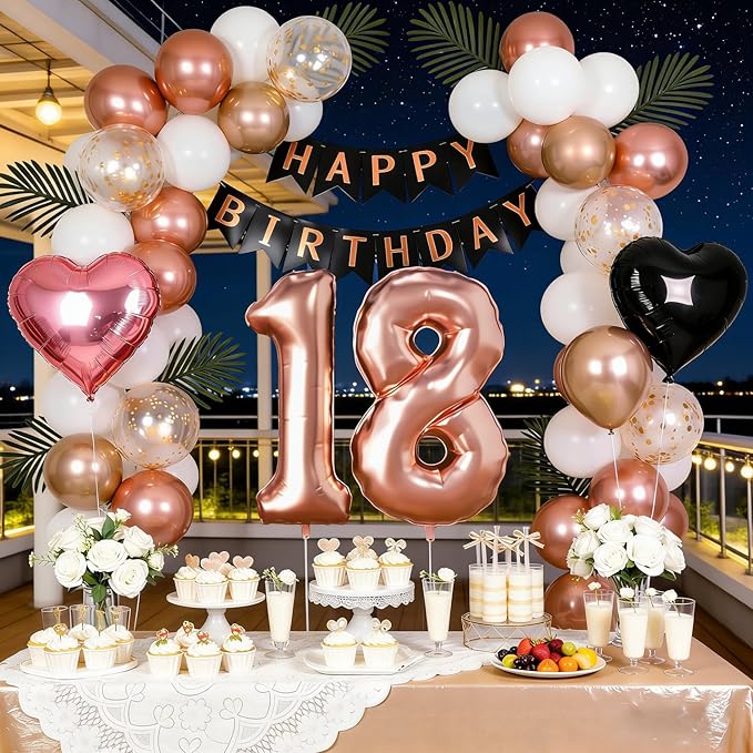 18th Birthday Decorations for Women - Rose Gold, Black and Hot Pink Party Supplies Set with Happy 18th Banner, Number 18 Balloons and Foil Fringe Curtains - 18 Year Old Celebration Kit