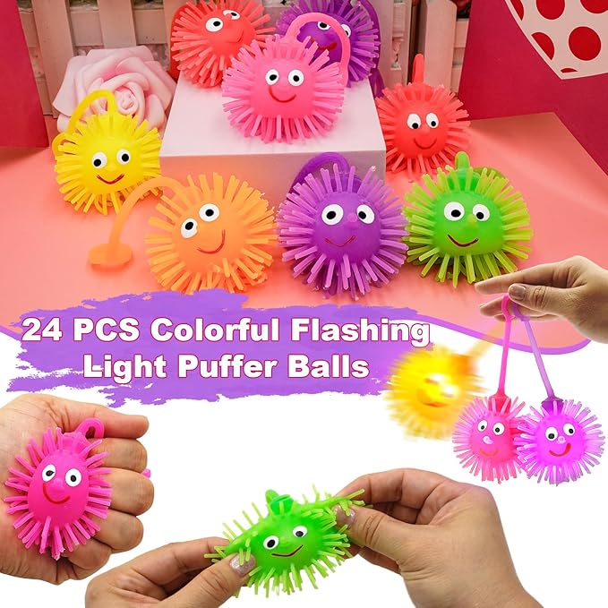 24 Pack Valentines Day Gifts for Kids, LED Puffer Balls with Valentines Cards for Kids Stress Relief Balls Bulk Glow In The Dark for Boys Girls Classroom Exchange Prizes Party Favors Toys