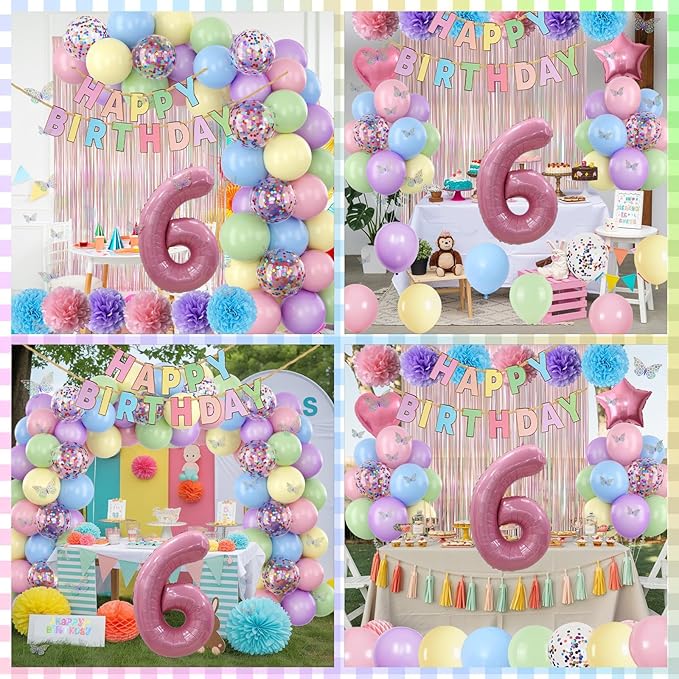 Pastel 6th Birthday Party Decorations for Girls Number 6 Balloon Happy Birthday Banner Butterfly Stickers Fringe Curtain Paper Pom Poms Macaron Pink Star Heart Foil Colorful Balloons 6 Year Old Decor