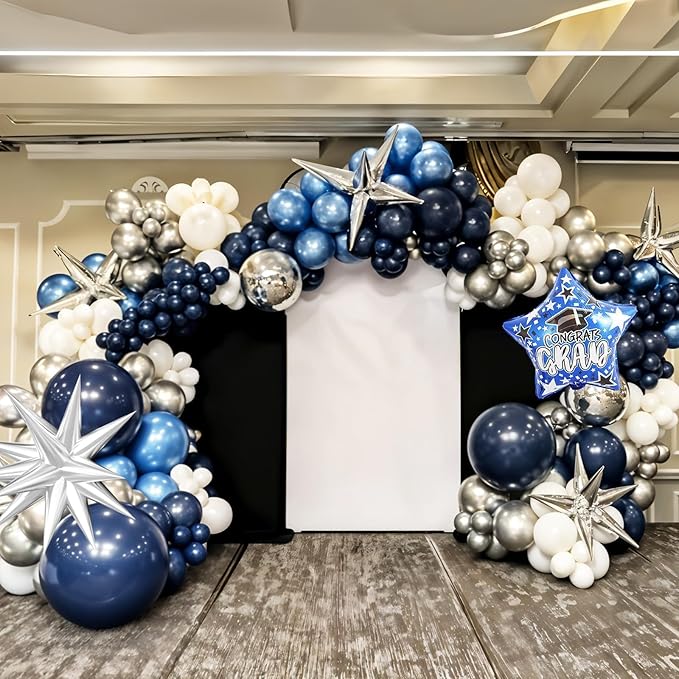 2026 Graduation Balloon Arch Kit, Blue Silver White Balloons with Congrats Grad Star Foil Balloons for Class of 2026 College High School Graduation Party Decorations