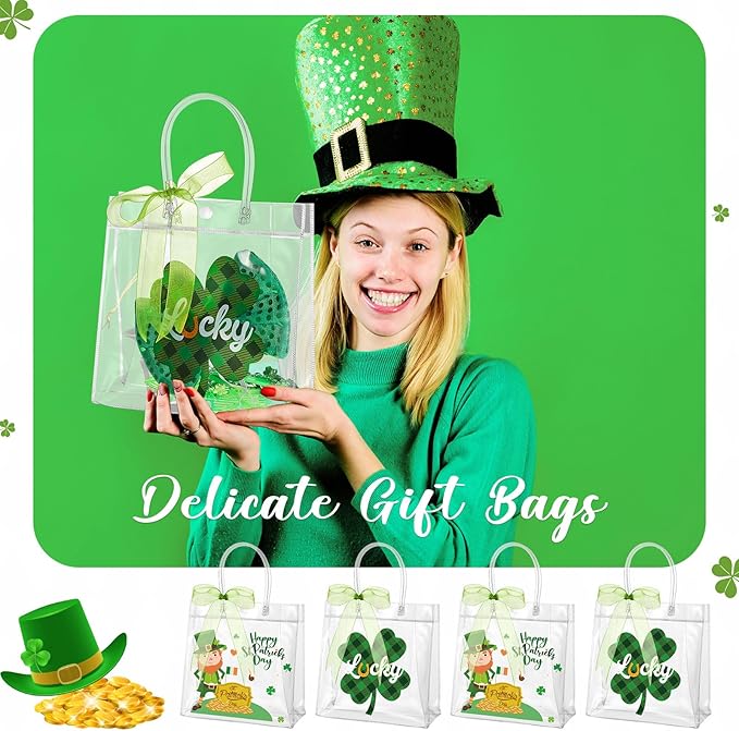 Henoyso 24 Pcs St. Patrick's Day Clear Gift Bags Plastic Shamrock Party Favor Bags with Handles and Ribbon Green Lucky Clover PVC Totes for Irish Candy Goodie Treat Gift Wrap, 7.8 x 7.8 x 3.1 Inches