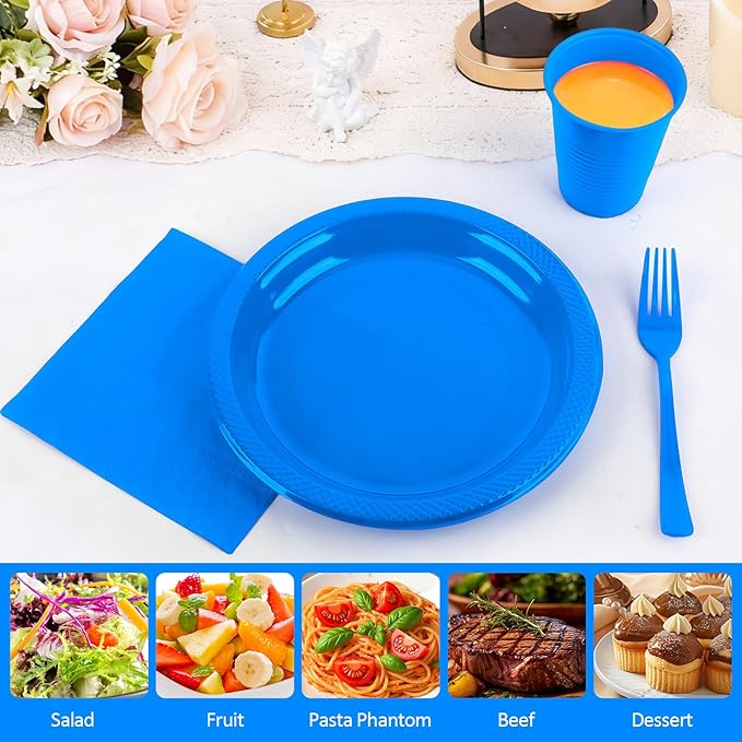200pcs Blue Plastic Party Plates Party Supplies, 50Pcs Disposable Royal Blue Dinner Plates and Napkins, Cups & Cutlery Dark Blue Party Decorations for July 4th, Graduations, Birthday