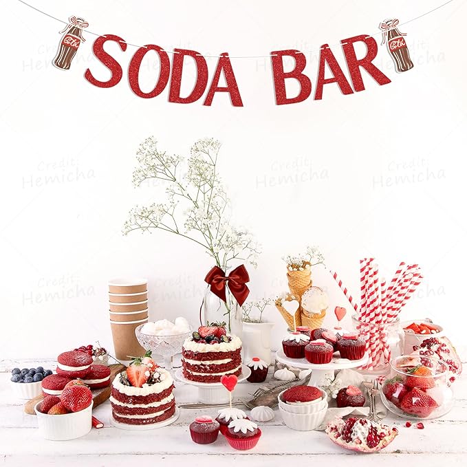 Soda Bar Banner - She's Ready to Pop Baby Shower Decor, Soda Pop Theme Birthday Bridal Shower Party Decorations Red Glitter
