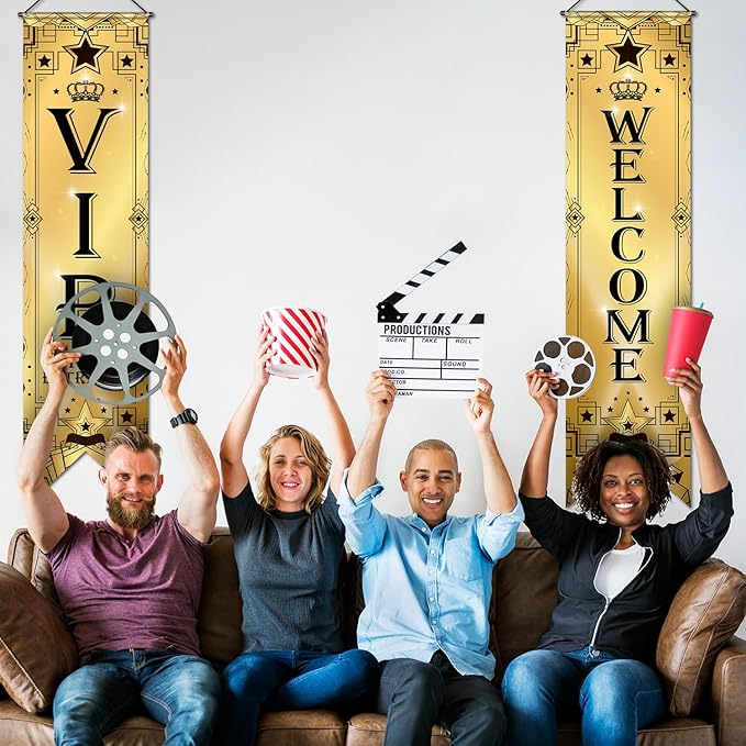 Blulu VIP Party Decorations Roaring 20s Movie Night Banner VIP Porch Sign Movie Theater Now Showing Hanging Porch Sign 1920s Party Supplies(Gold)