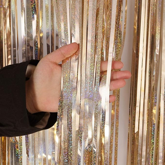 Champagne Tinsel Foil Fringe Curtain, 2 Pack 3.3 x 8.2 Ft Metallic Glitter Curtains Backdrop Streamers, Champagne Backdrop for Birthday Bachelorette Photo Booth Party Decorations