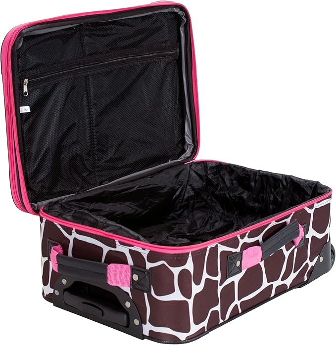 Rockland Fashion Softside 2 Piece Luggage Set, Expandable, (14" Tote/19" Upright), Pink Giraffe