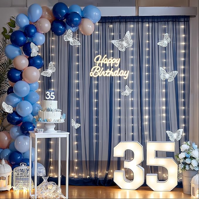 10x10ft Navy Blue Tulle Backdrop Curtain with Lights String for Parites, Sheer Backdrop Curtains for Wedding Baby Shower Birthday Party Photo Shoot Decorations