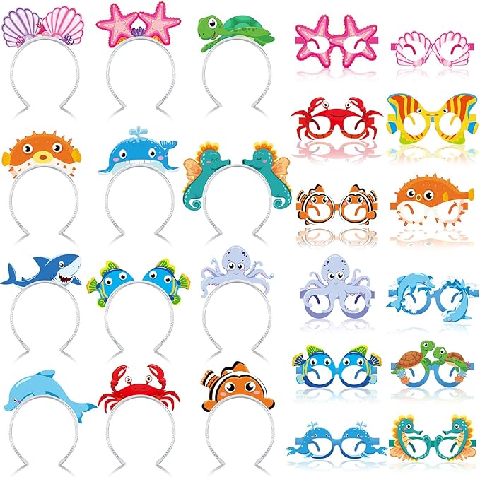 Pajean 24 Pcs Under The Sea Party Supplies Include 12 Ocean Animals Paper Eyeglasses 12 Sea Animals Headbands Photo Booth Props for Beach Pool Mermaid Fish Party Favors Decorations