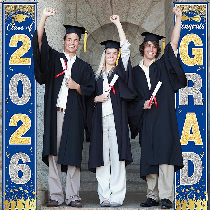 OHOME Graduation Decorations 2026 - Blue Gold Congrats Grad Porch Banner for Graduation Party Decorations - Class of 2026 - Party Favors Supplies Backdrop Yard Signs Decor (Blue)