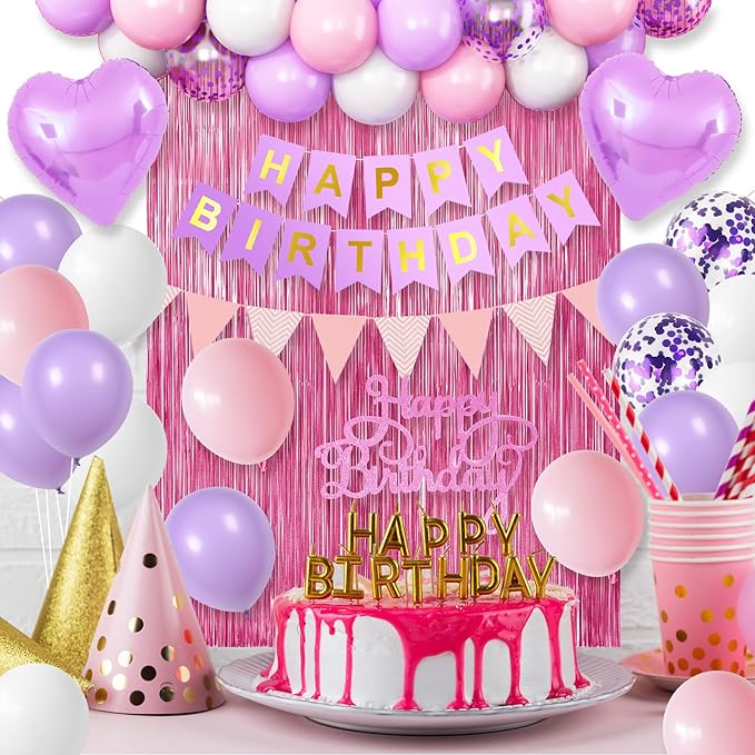 Pink Purple Birthday Decorations for Girls,Happy Birthday Party Decorations for Women,Pink Fringe Curtain Happy Birthday Banner Confetti Balloons Purple Heart Foil Balloons for Birthday Princess Party