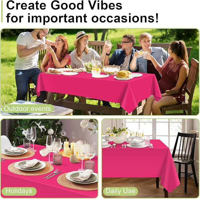 QIKSION Hot Pink Plastic Table Cloth Disposable 3 Pack, 54 x 108 Inch Tablecloths for Birthday Party, Valentines, Mothers Day Decorations, Rectangle Table Cover