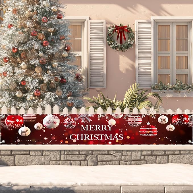 Merry Christmas Decorations Banner Polyester Fabric Ornaments Tree Branches Glitter Design for Indoor Outdoor Garden Fence Banner Outdoor Porch sign 118x20 Inch Party Supplies