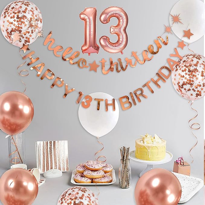 Rose Gold Hello Thirteen Happy 13th Birthday Banner Garland Foil Balloon 13 for 13 Birthday Decorations Official Teenager 13th Birthday Decor for Teen Girls 13 Year Old Birthday Party