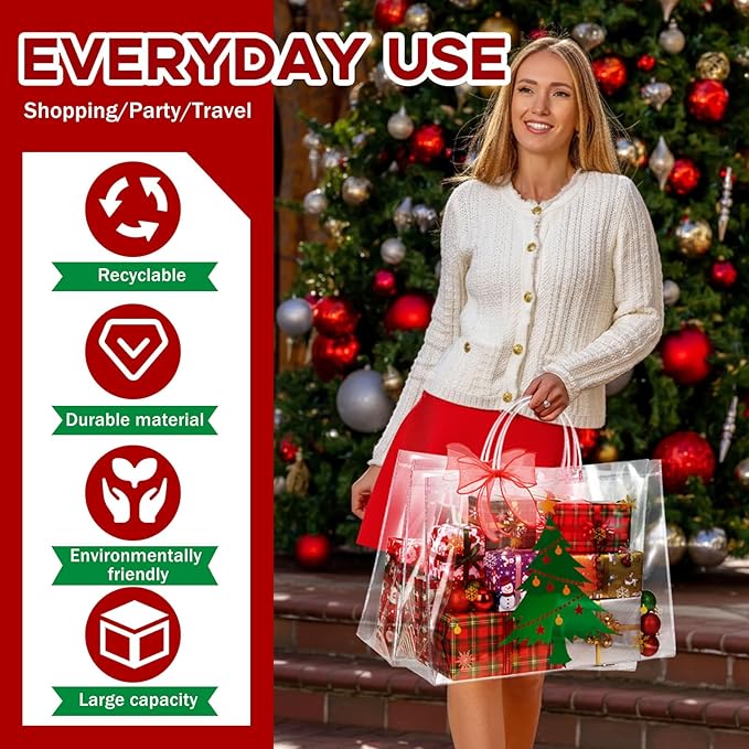 Henoyso 8 Pcs Christmas Clear Gift Bags Plastic Candy Treat Goodie Bags Red Foil Santa PVC Wrap Totes with Handles and Ribbon Xmas Party Favors (Christmas Tree,Socks,16x 6x 12 Inch)