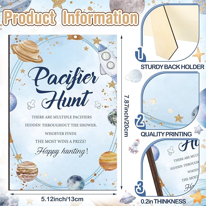 Thyle 51 Pcs Outer Space Baby Shower Games Planets Pacifier Hunt Include Galaxy Solar System Hunt Sign and 50 Acrylic Pacifiers for Astronaut Baby Shower Game over The Moon Gender Reveal Party Decor