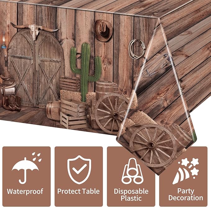 3 Pack Western Party Tablecloths, 54 x 108 Inch Disposable Plastic Western Cowboy Table Cover for Rustic Farmhouse, West Wooden House, Western Theme Birthday Decorations Outdoor Indoor Party Supplies