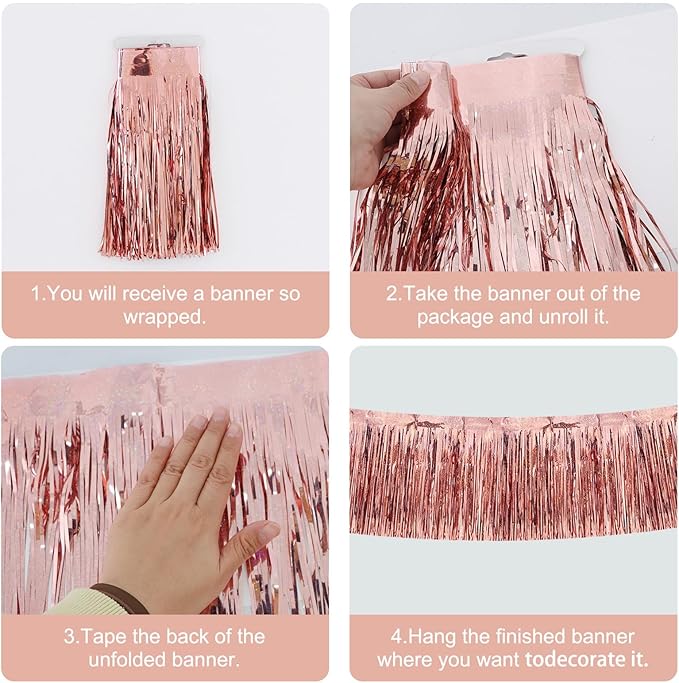 BEISHIDA 3 Packs Metallic Foil Fringe Garland Laser Rose Gold Wall Hanging Tinsel Fringe Banners for Car Floats Birthday Baby Bridal Shower Wedding Graduation Holiday Party Decoration(30 Feet)