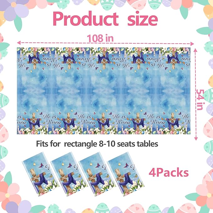 4 Pcs Easter Plastic Tablecloth, Religious He is Risen Tablecloths Rectangle Disposable Table Cover for Home Picnic Dinner Easter Party Decoration, 54 x 108 Inch