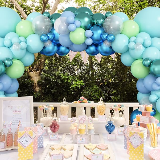 Under the Sea Balloon Arch, Pastel Blue Teal Lime Green Balloon Garland with Metallic Balloons, Blue Green Balloon Garland for Girls Boys Ocean Shark Theme Birthday Party Baby Shower Decor