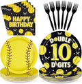 96Pcs Softball 10th Birthday Party Supplies Sport Themed 10th Birthday Plates and Napkins Yellow Black Softball Disposable Paper Tableware Set for Kids 10 Year Old Party Supplies Serves 24