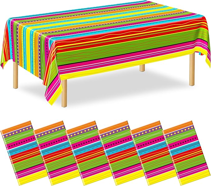 6 Pcs Mexican Party Decorations, 54"X108" Disposable Fiesta Tablecloths, Colorful Mexican Striped Tablecover Plastic Tableware Fiesta Decor for Cinco De Mayo, Taco Night, Mexico Themed Party Supplies