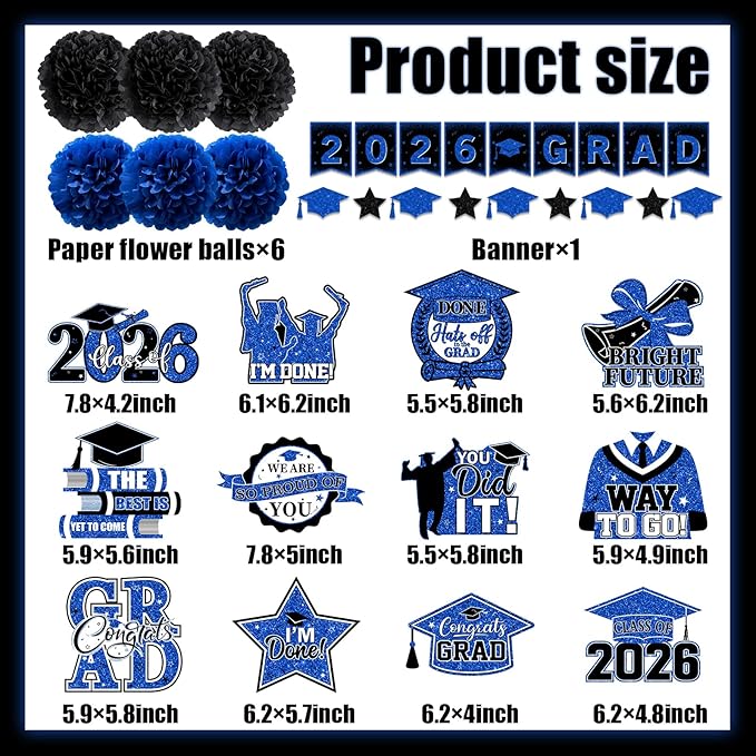 Blue Graduation Decorations, 2026 Grad Banner and Congrats Grad Hanging Swirls, Blue and Black Banner Graduations Hanging Swirls College Graduations Party Decorations Class of 2026