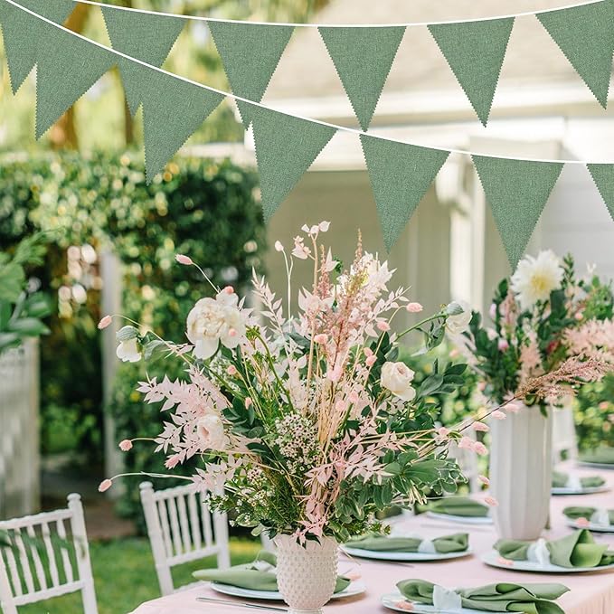 46Ft Sage Green Party Decorations Sage Green Burlap Banner Triangle Pennant Flag Linen Bunting Garland Streamers for Jungle Safari Birthday Wedding Golf Baby Shower Summer Dinosaur Party Decorations