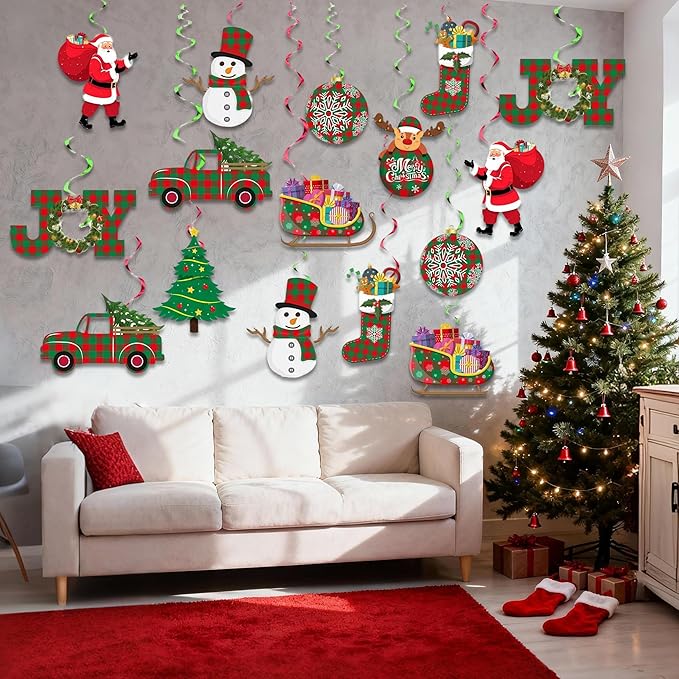 36Pcs DIY Christmas Decorations Hanging Swirls Santa Claus Xmas Balls Christmas Ceiling Swirls for Xmas Party Decorations