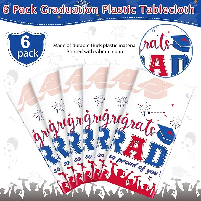 6 Pack Graduation Tablecloth Party Decorations, Class of 2026 Congrats Grad Plastic Tablecover Party Supplies, Blue and Red Rectangle Graduation Table Decor for College High School Party, 54x108Inch