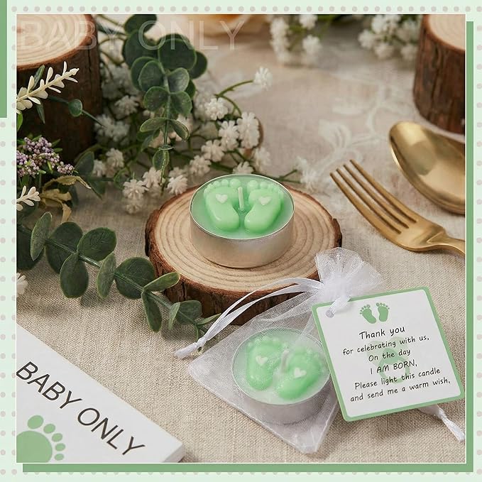 Treela 20 Sets Baby Shower Party Favors Green Tea Lights Candles with Organza Bag for Guests Cute Feet Shaped Burning Thank You Tags Return Gifts Keepsakes for Baby Shower Gender Reveal Party