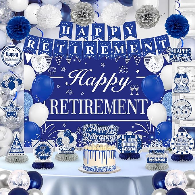 Retirement Party Decorations for Men Women Blue Silver Happy Retirement Banner Backdrop Balloons Paper Pompoms Honeycomb Centerpiece Cake Topper Hanging Swirl Set