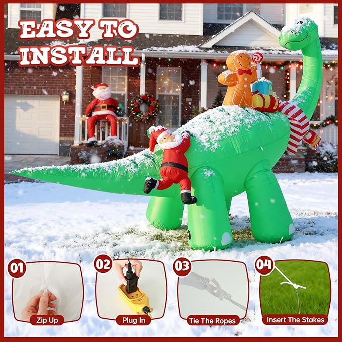JOYHALO 12FT Giant Christmas Inflatables Dinosaur with Santa Claus, Blow Up Yard Decorations with Bright LED Lights, Christmas Outdoor Inflatables Also for Indoor Lawn Party Decor