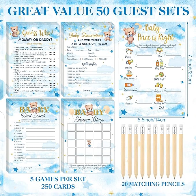 Patelai 321 Bearly Wait Baby Shower Decorations Blue Bear Party Supplies Bearly Wait Baby Shower Games 5 Set Don't Say Serves 50 Guests for Blue Bear Gender Reveal Birthday Party Decorations Supplies