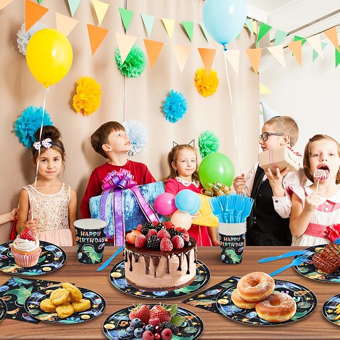 168PCS Dinosaur Party Supllies for Boys Cartoon Dino Birthday Party Decorations with Space Astronauts Planet,Dinosaurs Plates Cups Napkins Tableware -24 Guests