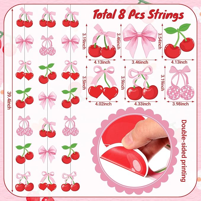 Xinnun Cherry Party Decorations Pink Bow Hanging Banners Garland Cherry Baby Shower Decorations Cutouts Ribbon Streamers for Berry Birthday Bridal Engagement Bachelorette Wedding Party Decor