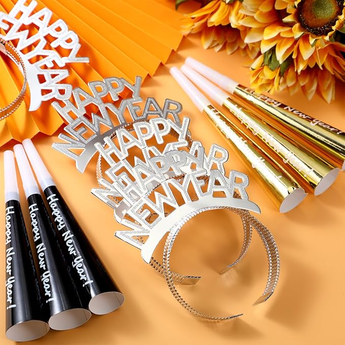 Shappy 24 Pcs 2026 New Year Party Supplies Happy New Year Headband Horn Sounder Noisemakers Eve Party Decorations