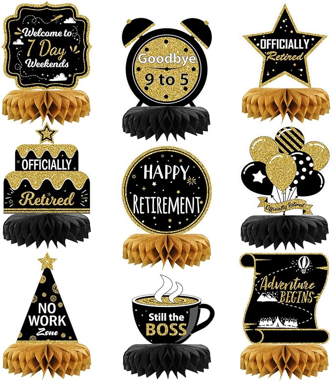 9PCS Retirement Party Decorations, Black and Gold Retirement Table Decorations, Retirement Centerpieces for Table, Retirement Decor for Retirement Party Men and Women