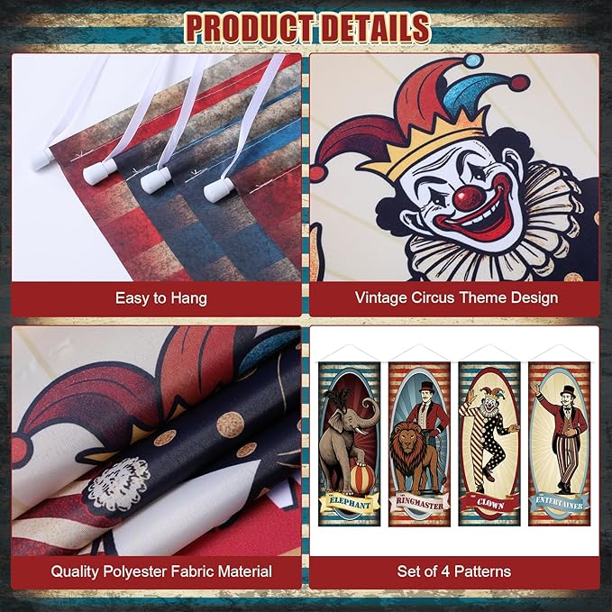 Panelee 4 Pcs Vintage Carnival Circus Party Decorations Circus Clown Elephant Ringmaser Porch Banner Side Show Party Hanging Backdrop for Halloween Birthday Baby Shower Wall Indoor Outdoor Decor