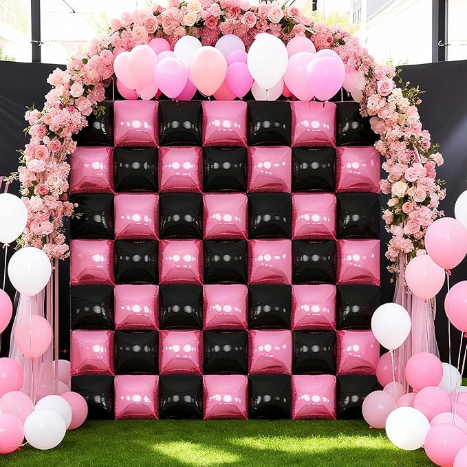 50PCS Pink Black Square Foil Balloon Wall, 19'' Double Sided Foil Balloons Backdrop Tunnel Arch Kit for Anniversary Bachelorette Bridal Baby Shower Birthday Party Decorations