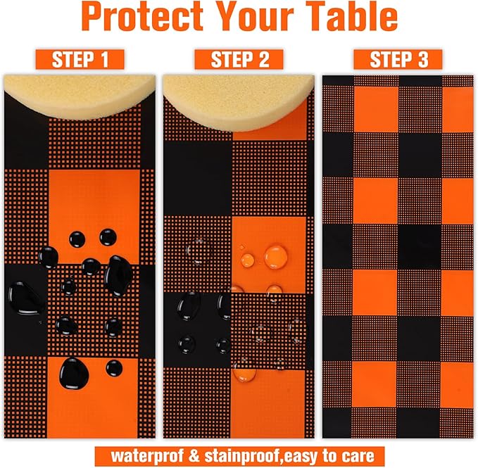 Kesfey 3 Packs Fall Orange Buffalo Check Plaid Tablecloth 54 x 108 Inches Waterproof Autumn Thanksgiving Gingham Table Cloth Disposable Orange and Black Plastic Checkered Picnic Tablecover for Camping