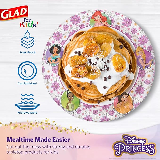 Glad for Kids Disney Princess Disposable Paper Plates, Floral Frames - Heavy Duty, Soak Proof, Microwavable, Kid-Friendly Snack Plates for Everyday Use, 10 Inch, 30 Count