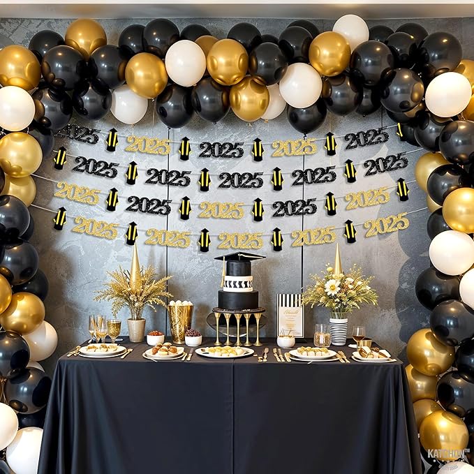 KatchOn, Black and Gold Grad Garland 2025-10 Feet, No DIY | Grad Garland Class of 2025 | Graduation Decorations 2025 | Grad Cap Decor for Graduation Decorations 2025