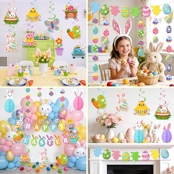 Easter Decorations for Home Easter Party Decorations Includes Happy Easter Banner Easter Garland Egg Bunny Easter Hanging Decorations Swirls Honeycomb Balls for Holiday Party Home Classroom Office